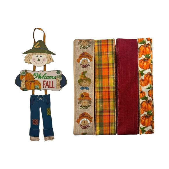 Fall Scarecrow Wreath Kit "Welcome Fall" Pumpkin Sign & Ribbons Bundle Set - Picture 1 of 5